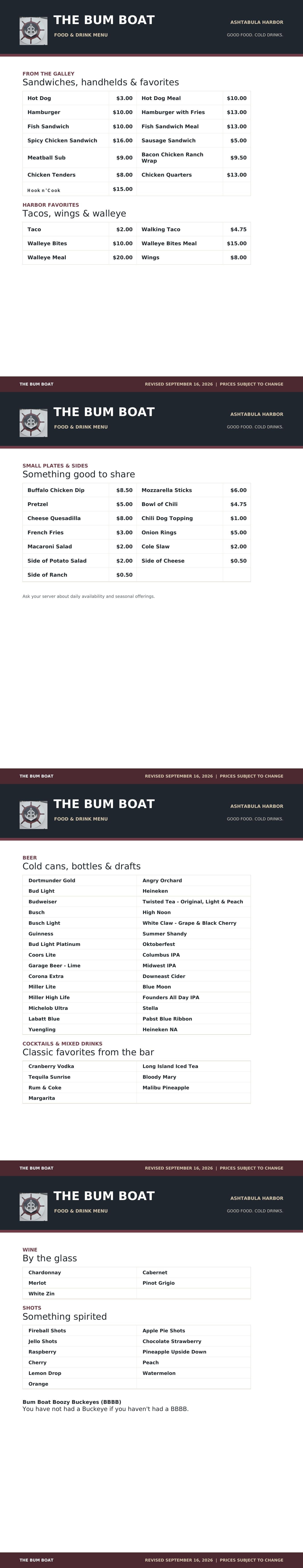 The Bum Boat food and drink menu
